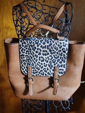 Women’s Tan Backpack with Leopard Flap